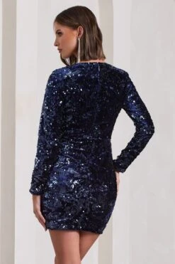 Tantalise | Navy Sequin Plunge-Neck Long-Sleeve Mini Dress -Sangyong Store WB CL129923015 TantaliseNavySequinPlunge NeckLong SleeveMiniDress11