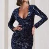 Tantalise | Navy Sequin Plunge-Neck Long-Sleeve Mini Dress -Sangyong Store WB CL129923015 TantaliseNavySequinPlunge NeckLong SleeveMiniDress5