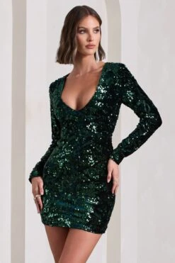 Tantalise | Bottle Green Sequin Plunge-Neck Long-Sleeve Mini Dress -Sangyong Store WB CL129923047 TantaliseBottleGreenSequinPlunge NeckLong SleeveMiniDress1