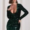 Tantalise | Bottle Green Sequin Plunge-Neck Long-Sleeve Mini Dress -Sangyong Store WB CL129923047 TantaliseBottleGreenSequinPlunge NeckLong SleeveMiniDress3