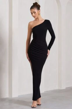 Mallory | Black Asymmetric Split Maxi Dress -Sangyong Store WB CL130001002 MalloryBlackAsymmetricSplitWrapMaxiDress3