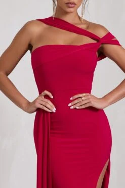 To The Max | Red Strappy Asymmetric Split Maxi Dress With Drape -Sangyong Store WB CL130002004 ToTheMaxRedStrappyAsymmetricSplitMaxiDressWithDrape6