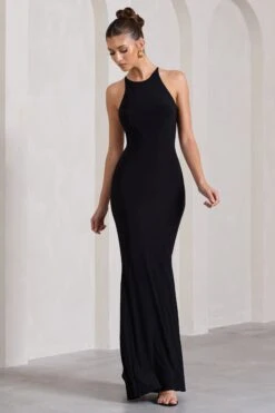 Brianna | Black Sleeveless Halter-Neck Open-Back Maxi Dress -Sangyong Store WB CL130003002 BriannaBlackSleevelessHalter NeckOpen BackMaxiDress2