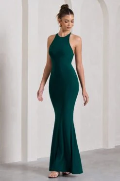 Brianna | Bottle Green Sleeveless Halter-Neck Open-Back Maxi Dress -Sangyong Store WB CL130003047 BriannaBottleGreenSleevelessHalter NeckOpen BackMaxiDress3