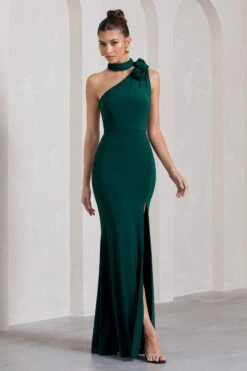 In Suspense | Bottle Green Asymmetric Halter-Neck Split Maxi Dress With Flower -Sangyong Store WB CL130006047 InSuspenseBottleGreenAsymmetricHalter NeckSplitMaxiDressWithFlower1