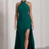 Intertwined | Bottle Green Halter-Neck Open-Back Split Maxi Dress With Scarf Detail