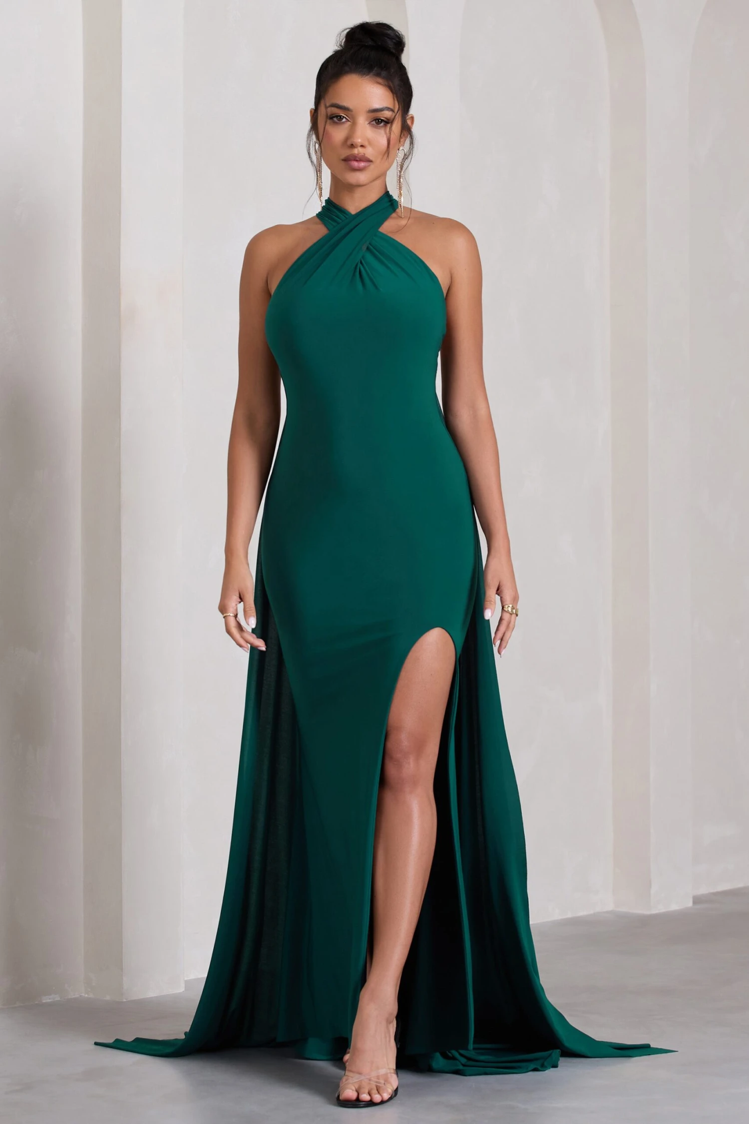 Intertwined | Bottle Green Halter-Neck Open-Back Split Maxi Dress With Scarf Detail 3 Intertwined | Bottle Green Halter-Neck Open-Back Split Maxi Dress With Scarf Detail