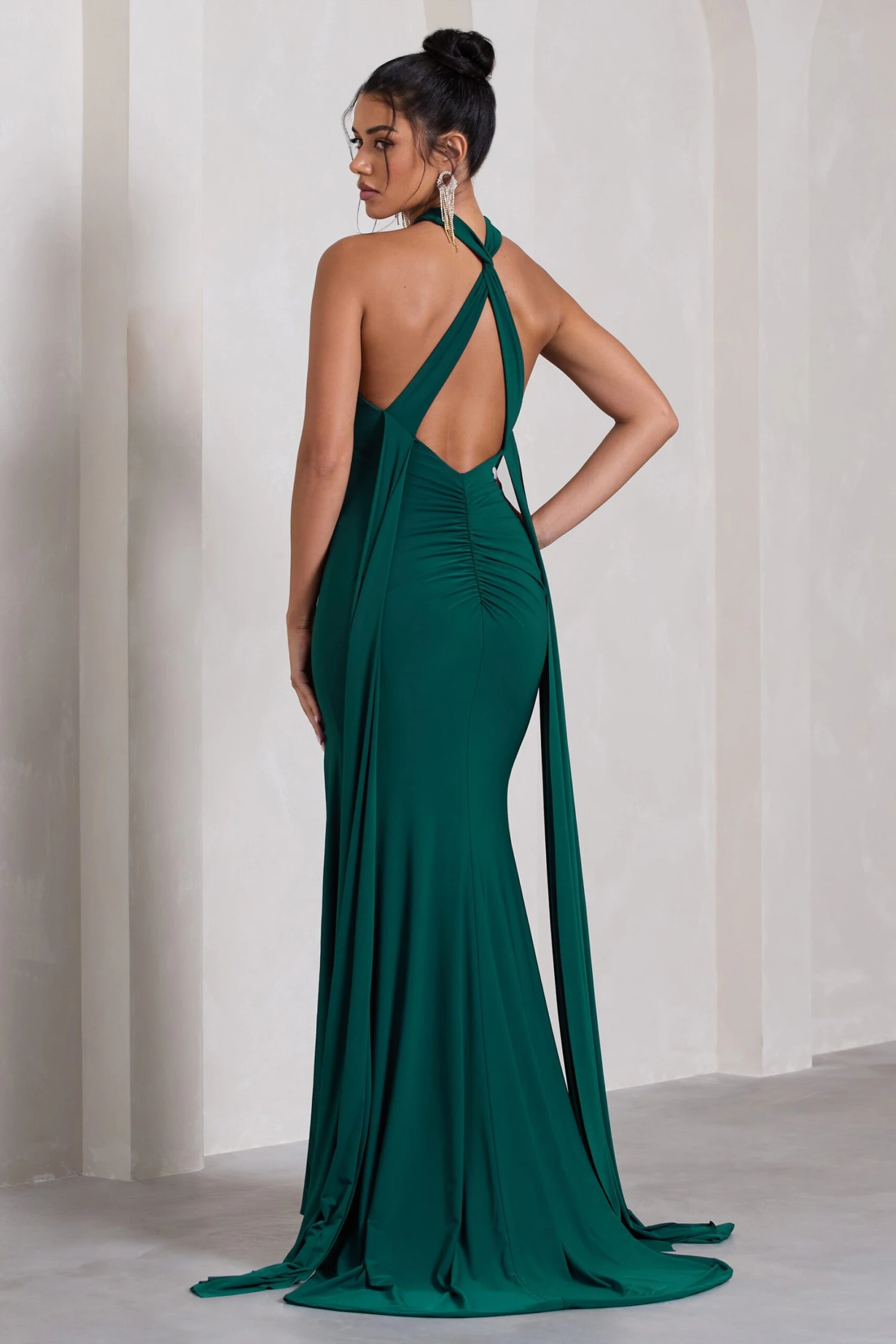 Intertwined | Bottle Green Halter-Neck Open-Back Split Maxi Dress With Scarf Detail 4 Intertwined | Bottle Green Halter-Neck Open-Back Split Maxi Dress With Scarf Detail - Image 2