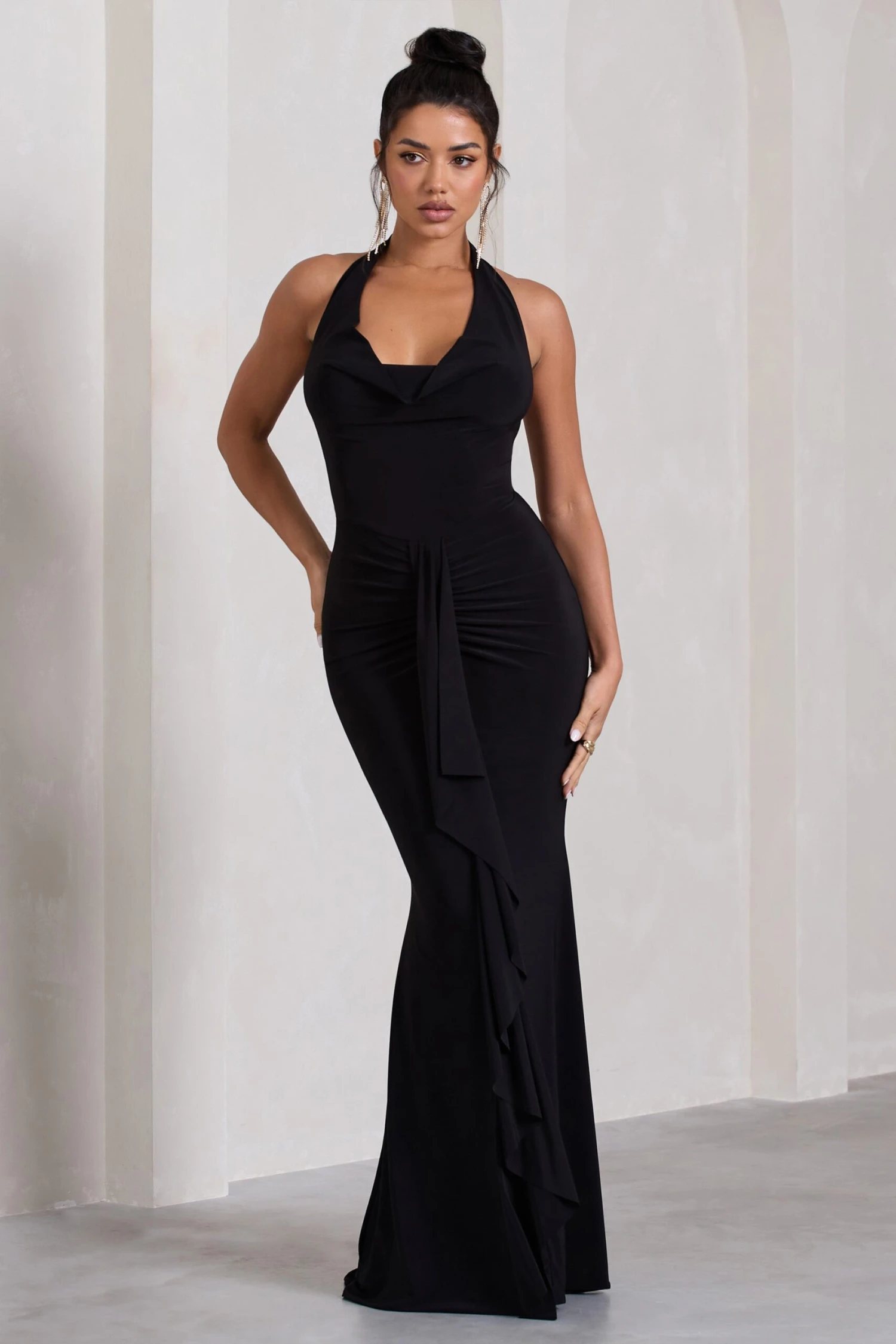 Kaia | Black Ruched Cowl-Neck Maxi Dress With Drape 3 Kaia | Black Ruched Cowl-Neck Maxi Dress With Drape