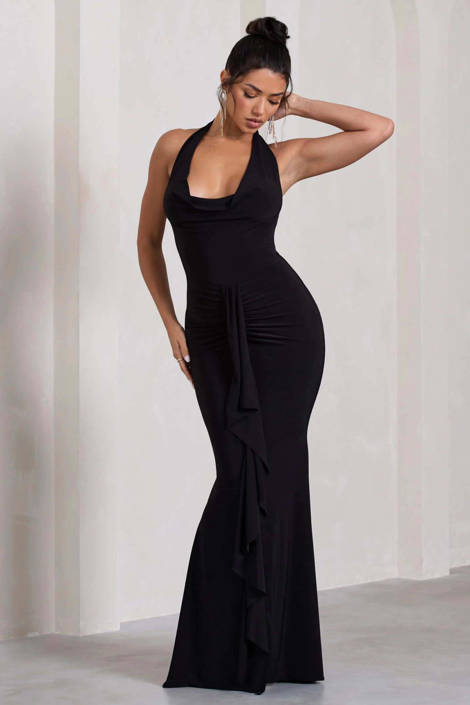 Kaia | Black Ruched Cowl-Neck Maxi Dress With Drape 7 Kaia | Black Ruched Cowl-Neck Maxi Dress With Drape - Image 5