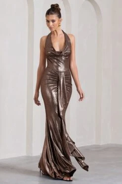 Kaia | Bronze Metallic Ruched Cowl-Neck Maxi Dress With Drape -Sangyong Store WB CL130010021 KaiaBronzeMetallicRuchedCowl NeckMaxiDressWithDrape2