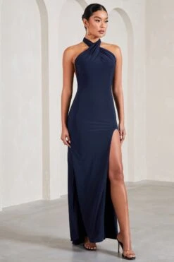 Star Quality | Navy Halter-Neck Open-Back Split Maxi Dress -Sangyong Store WB CL130013015 StarQualityNavyHalter NeckOpen BackSplitMaxiDress5