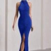 Memorable | Cobalt Blue Ruched High-Neck Split Fishtail Maxi Dress 1 Memorable | Cobalt Blue Ruched High-Neck Split Fishtail Maxi Dress -Sangyong Store WB CL130019047 MemorableCobaltBlueRuchedHigh NeckSplitFishtailMaxiDress2