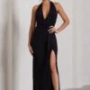Tabloid Talk | Black Plunge Halter-Neck Maxi Dress With Twisted Drape -Sangyong Store WB CL130023002 TabloidTalkBlackPlungeHalter NeckMaxiDressWithTwistedDrape0