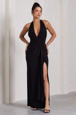 Tabloid Talk | Black Plunge Halter-Neck Maxi Dress With Twisted Drape -Sangyong Store WB CL130023002 TabloidTalkBlackPlungeHalter NeckMaxiDressWithTwistedDrape1