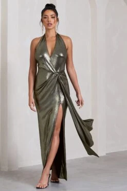 Tabloid Talk | Gold Metallic Plunge Halter-Neck Maxi Dress With Twisted Drape 12 Tabloid Talk | Gold Metallic Plunge Halter-Neck Maxi Dress With Twisted Drape -Sangyong Store WB CL130024007 TabloidTalkGoldMetallicPlungeHalter NeckMaxiDressWithTwistedDrape3