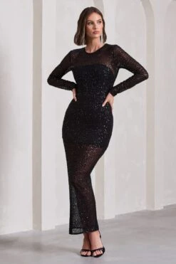Elenora | Black Sheer Embellished Bodycon Long-Sleeve Maxi Dress -Sangyong Store WB CL130034002 ElenoraBlackSheerEmbellishedBodyconLong SleeveMaxiDress0