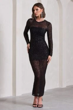 Elenora | Black Sheer Embellished Bodycon Long-Sleeve Maxi Dress -Sangyong Store WB CL130034002 ElenoraBlackSheerEmbellishedBodyconLong SleeveMaxiDress3