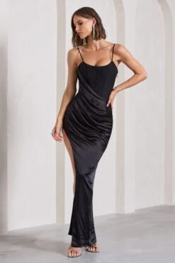 In Attendance | Black Satin Draped Corset Split Maxi Dress -Sangyong Store WB CL130051002 InAttendanceBlackSatinDrapedCorsetSplitMaxiDress5