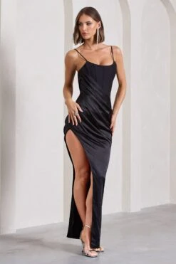 In Attendance | Black Satin Draped Corset Split Maxi Dress -Sangyong Store WB CL130051002 InAttendanceBlackSatinDrapedCorsetSplitMaxiDress7