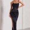 In Attendance | Black Satin Draped Corset Split Maxi Dress -Sangyong Store WB CL130051002 InAttendanceBlackSatinDrapedCorsetSplitMaxiDress8 b0687c4a b77c 4853 b0a5 6b59afac6c46