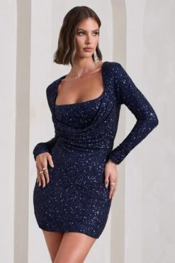 Pure Intentions | Blue Sequin Long-Sleeve Cowl Mini Dress -Sangyong Store WB CL130052104 PureIntentionsBlueSequinLong SleeveCowlMiniDress3