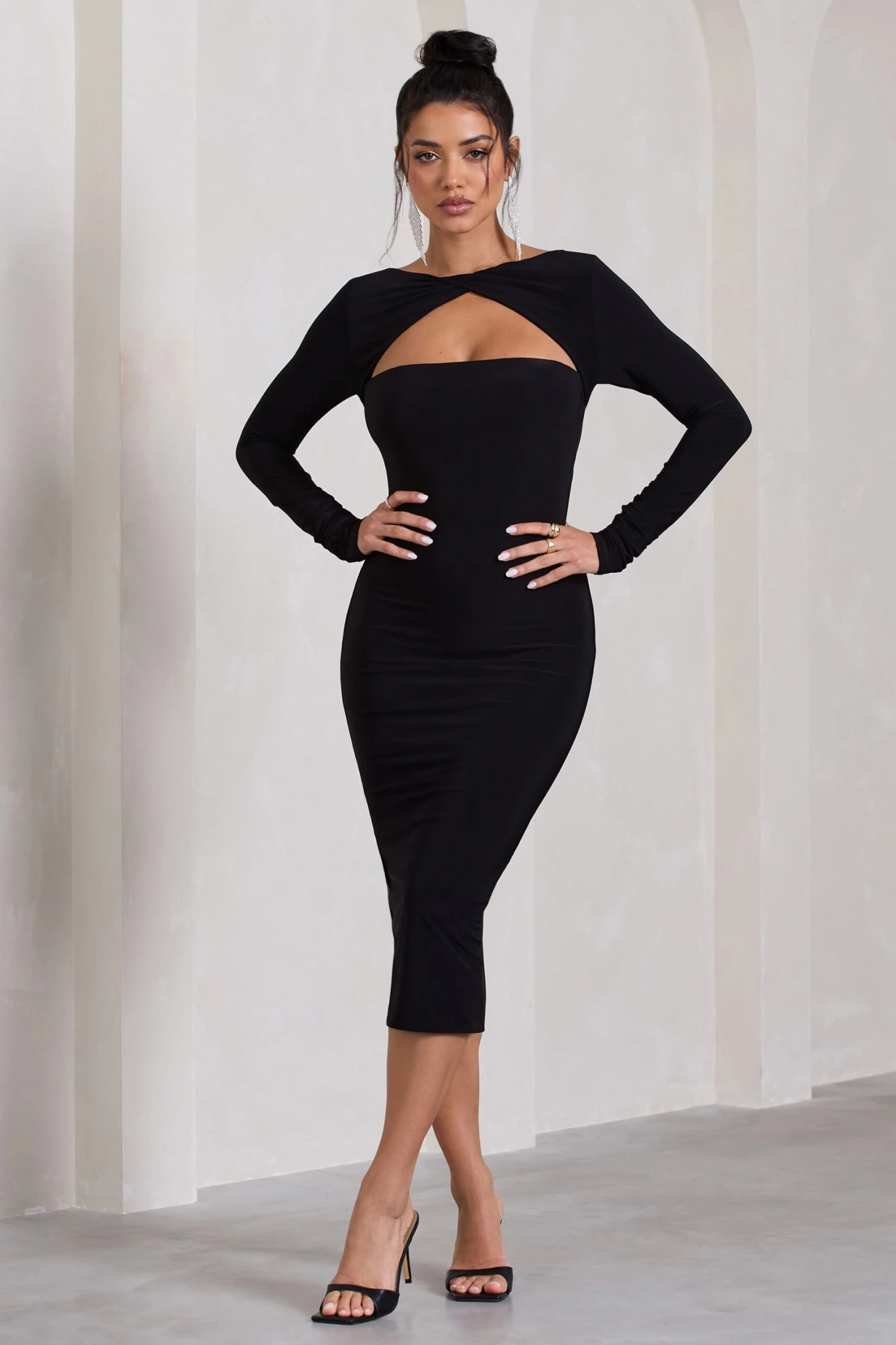 Disconnect | Black Bodycon Twist Neck Midi Dress With Strappy Back 3 Disconnect | Black Bodycon Twist Neck Midi Dress With Strappy Back