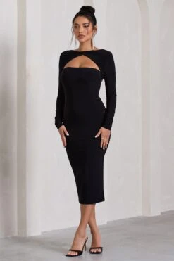 Disconnect | Black Bodycon Twist Neck Midi Dress With Strappy Back 10 Disconnect | Black Bodycon Twist Neck Midi Dress With Strappy Back -Sangyong Store WB CL130053002 DisconnectBlackBodyconTwistNeckMidiDressWithStrappyBack2