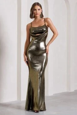 Hilton | Gold Metallic Strappy Cowl-Neck Maxi Dress -Sangyong Store WB CL130054007 HiltonGoldMetallicStrappyCowl NeckMaxiDress2