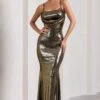 Hilton | Gold Metallic Strappy Cowl-Neck Maxi Dress