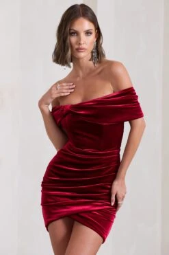 Snowdrop | Berry Velvet Bardot Wrap Mini Dress -Sangyong Store WB CL130060064 SnowdropBerryVelvetBardotWrapMiniDress12