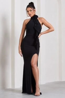 Wanderer | Black Ruched Halter-Neck Split Maxi Dress With Flower -Sangyong Store WB CL130063002 WandererBlackRuchedHalter NeckSplitMaxiDressWithFlower1
