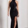 Wanderer | Black Ruched Halter-Neck Split Maxi Dress With Flower -Sangyong Store WB CL130063002 WandererBlackRuchedHalter NeckSplitMaxiDressWithFlower2