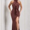 Wanderer | Chocolate Brown Ruched Halter-Neck Split Maxi Dress With Flower 2 Wanderer | Chocolate Brown Ruched Halter-Neck Split Maxi Dress With Flower -Sangyong Store WB CL130063038 WandererChocolateBrownRuchedHalter NeckSplitMaxiDressWithFlower12