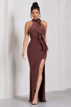 Wanderer | Chocolate Brown Ruched Halter-Neck Split Maxi Dress With Flower -Sangyong Store WB CL130063038 WandererChocolateBrownRuchedHalter NeckSplitMaxiDressWithFlower4