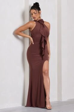 Wanderer | Chocolate Brown Ruched Halter-Neck Split Maxi Dress With Flower -Sangyong Store WB CL130063038 WandererChocolateBrownRuchedHalter NeckSplitMaxiDressWithFlower5