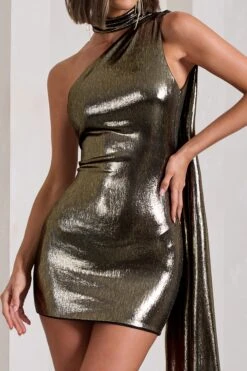 Blaze | Gold Metallic Asymmetric Scarf-Neck Backless Mini Dress -Sangyong Store WB CL130065007 BlazeGoldMetallicAsymmetricScarf NeckBacklessMiniDress3copy