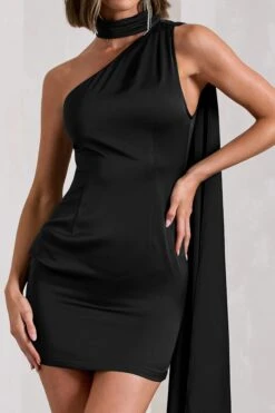 Natalie | Black Satin Asymmetric Mini Dress With Scarf Detail -Sangyong Store WB CL130073002 NatalieBlackSatinAsymmetricMiniDressWithScarfDetail1copy