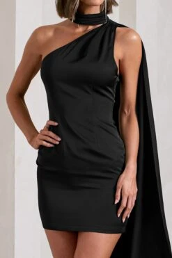 Natalie | Black Satin Asymmetric Mini Dress With Scarf Detail -Sangyong Store WB CL130073002 NatalieBlackSatinAsymmetricMiniDressWithScarfDetail2copy