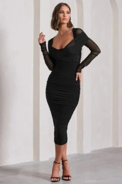 Between The Lines | Black Ruched Mesh Long-Sleeved Bodycon Midi Dress -Sangyong Store WB CL130077002 BetweenTheLines BlackRuchedMeshLong SleevedBodyconMidiDressBLACK2