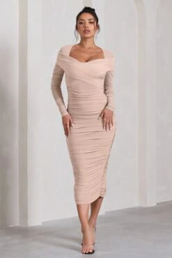 Between The Lines | Nude Ruched Mesh Long-Sleeved Bodycon Midi Dress -Sangyong Store WB CL130077059 BetweenTheLinesNudeRuchedMeshLong SleevedBodyconMidiDress2