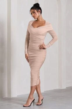 Between The Lines | Nude Ruched Mesh Long-Sleeved Bodycon Midi Dress -Sangyong Store WB CL130077059 BetweenTheLinesNudeRuchedMeshLong SleevedBodyconMidiDress3