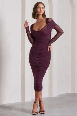 Between The Lines | Plum Ruched Mesh Long-Sleeved Bodycon Midi Dress -Sangyong Store WB CL130077101 BetweenTheLinesPlumRuchedMeshLong SleevedBodyconMidiDress3