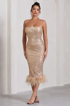 Cherie | Champagne Sequin Corset Midi Dress With Feather Trim -Sangyong Store WB CL132017059 CherieChampagneSequinCorsetMidiDressWithFeatherTrim1