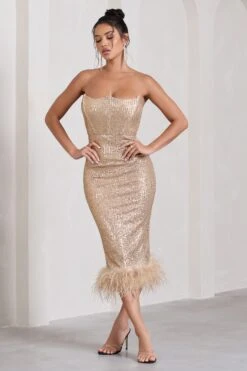 Cherie | Champagne Sequin Corset Midi Dress With Feather Trim -Sangyong Store WB CL132017059 CherieChampagneSequinCorsetMidiDressWithFeatherTrim3