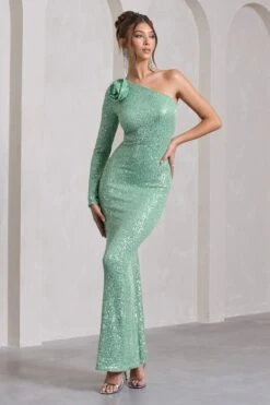 Love Language | Mint Green Sequin Asymmetric Maxi Dress With Corsage