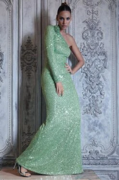 Love Language | Mint Green Sequin Asymmetric Maxi Dress With Corsage -Sangyong Store WB CL132023003 HERO