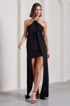 Enigmatic | Black Halter-Neck Draped Mini Dress With Floral Corsage -Sangyong Store WB CL132033002 EnigmaticBlackHalter NeckDrapedMiniDressWithFloralCorsage6 d6f72e9b 047c 4208 9d4e f4d62a765a78