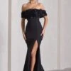 Amanza | Black Bardot Split Fishtail Maxi Dress With Flowers -Sangyong Store WB CL132040002 AmanzaBlackBardotSplitFishtailMaxiDressWithFlowers1