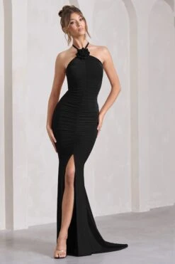 Holly | Black Ruched Halter-Neck Split Fishtail Maxi Dress -Sangyong Store WB CL132041004 HollyRedRuchedHalter NeckSplitFishtailMaxiDress1 4bc7b0ad 5d92 484d 8d07 939e7e745909